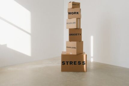 Cardboard boxes stacked in an empty room, symbolizing stress and anxiety with labeled problems.